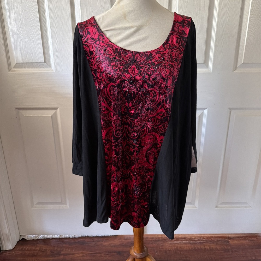 Catherines 4X 30/32 Black Red Velvety Rhinestone Tunic Top 3/4 Sleeve Halloween